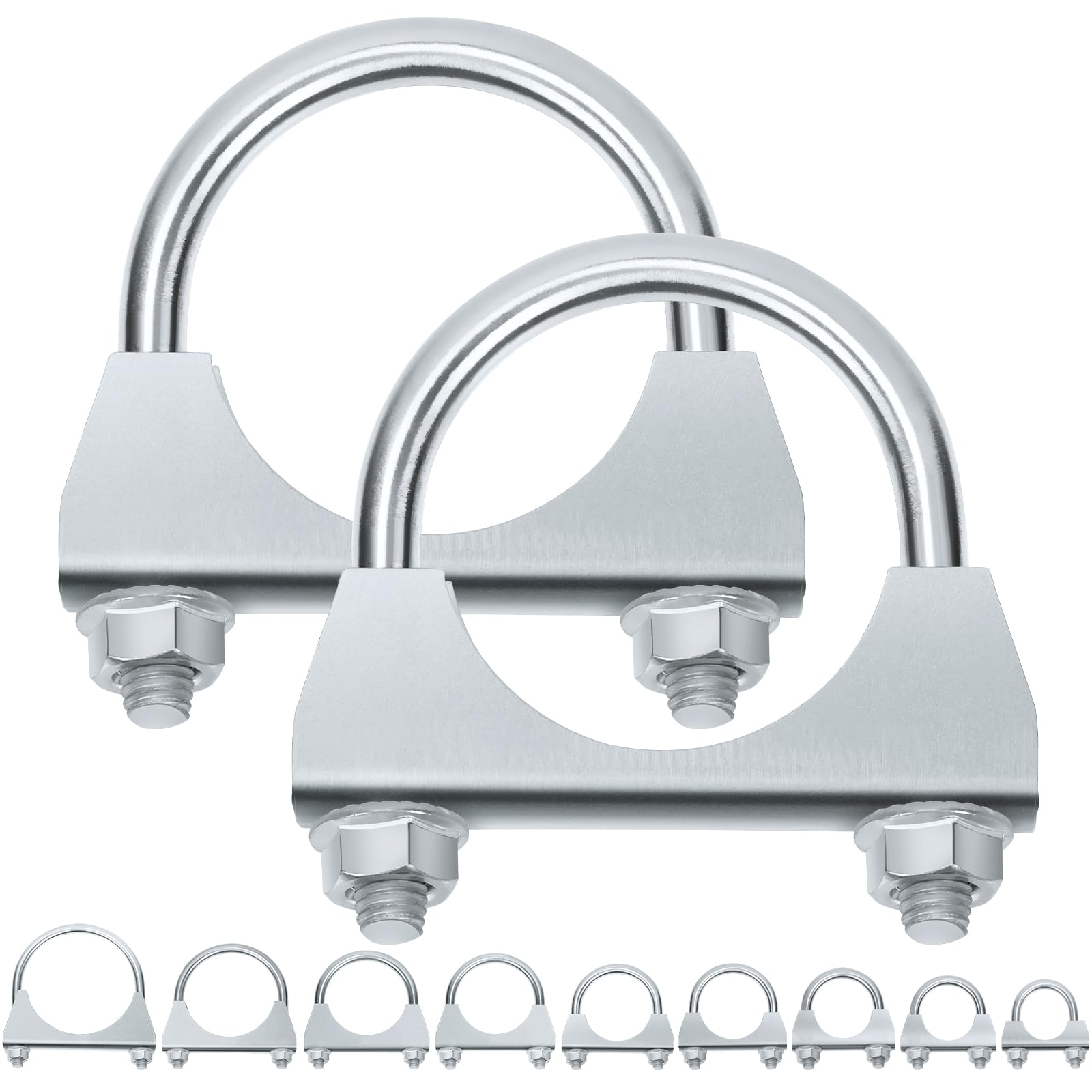 Swpeet 2Pcs Galvanized 2" - 50mm Exhaust U Clamp Kit, Galvanized Muffler U-Bolt Clamps, Universal Heavy Duty U-Bolt Muffler Clamp Ideal for Tip Pipes Connection