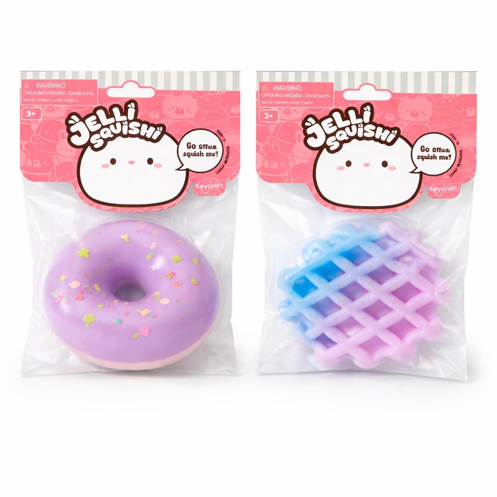 Jelli Squishi Sweet Treats Squishy Toy (2 Pack) – Sensory Fidget Stress Relief Toy for Kids – Soft Jelly Squeeze Waffle and Doughnut Kavaii Taba Mochi Toy – Random Colours