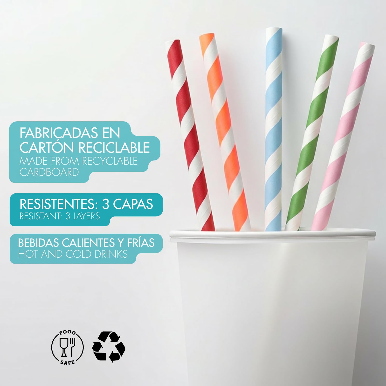 Dohe Horeca - Cannucce di Carta Biodegradabili (100 pz.) - Multicolore, Dimensione Grande: 21 cm, Riciclabili e Resistenti, per Bevande Calde e Fredde, per Feste, Compleanni, Celebrazioni
