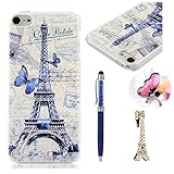 iPod Case iPod Touch 5 Case MOLLYCOOCLE PC Cover White Skin Shell with Blue Butterfly and Eiffel Tower for iPod Touch 5 & Stylus Pen & Eiffel Tower Shaped Anti-dust Plug & Butterfly Anti Dust Plug