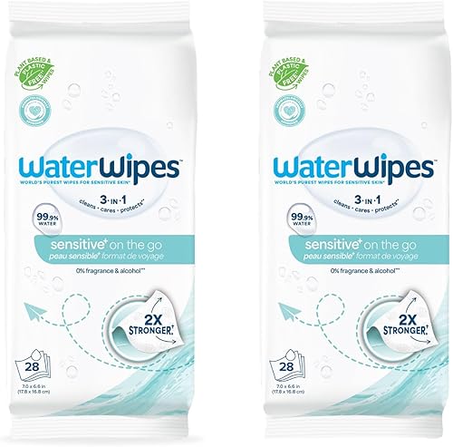 WaterWipes Toallitas On The Go, toallitas 99.9% a base de agua para viajes, deportes y para refrescar la piel, sin perfume e hipoalergénicas, 28