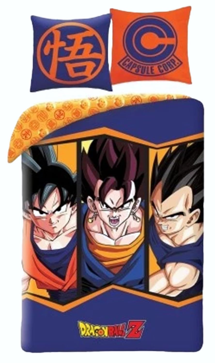 Parure de Lit Dragon Ball Z Bleue, 100% Coton, Housse de Couette Réversible 140x200 cm, Taie d'oreiller 63x63 cm, avec Goku et Vegeta. Textile Oeko-Tex. pour Lit 1 Personne