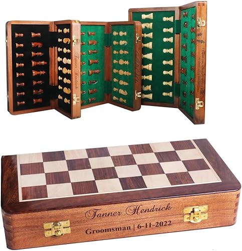 Miniatura 5 de Juego de ajedrez magnético plegable de madera personalizado con 2 ranuras extra Queen  ranuras de almacenamiento de ajedrez, juego de ajedrez para