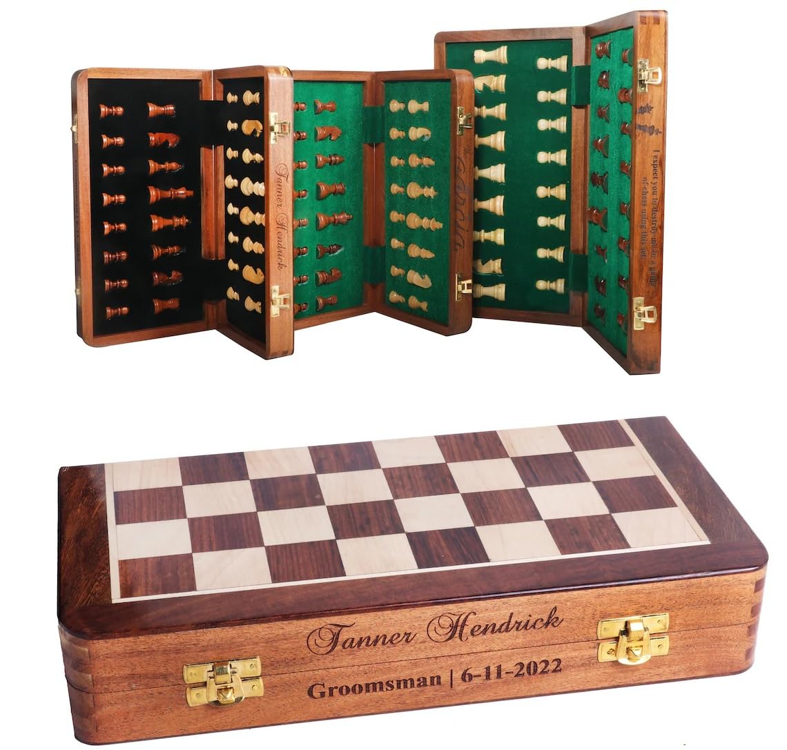 Personalisiertes magnetisches Schachset aus Holz (18–46 cm), faltbares Reiseschachbrett mit Aufbewahrungsmöglichkeit, handgefertigtes Schachspiel aus Holz für Erwachsene, tragbares Luxus-Schachset