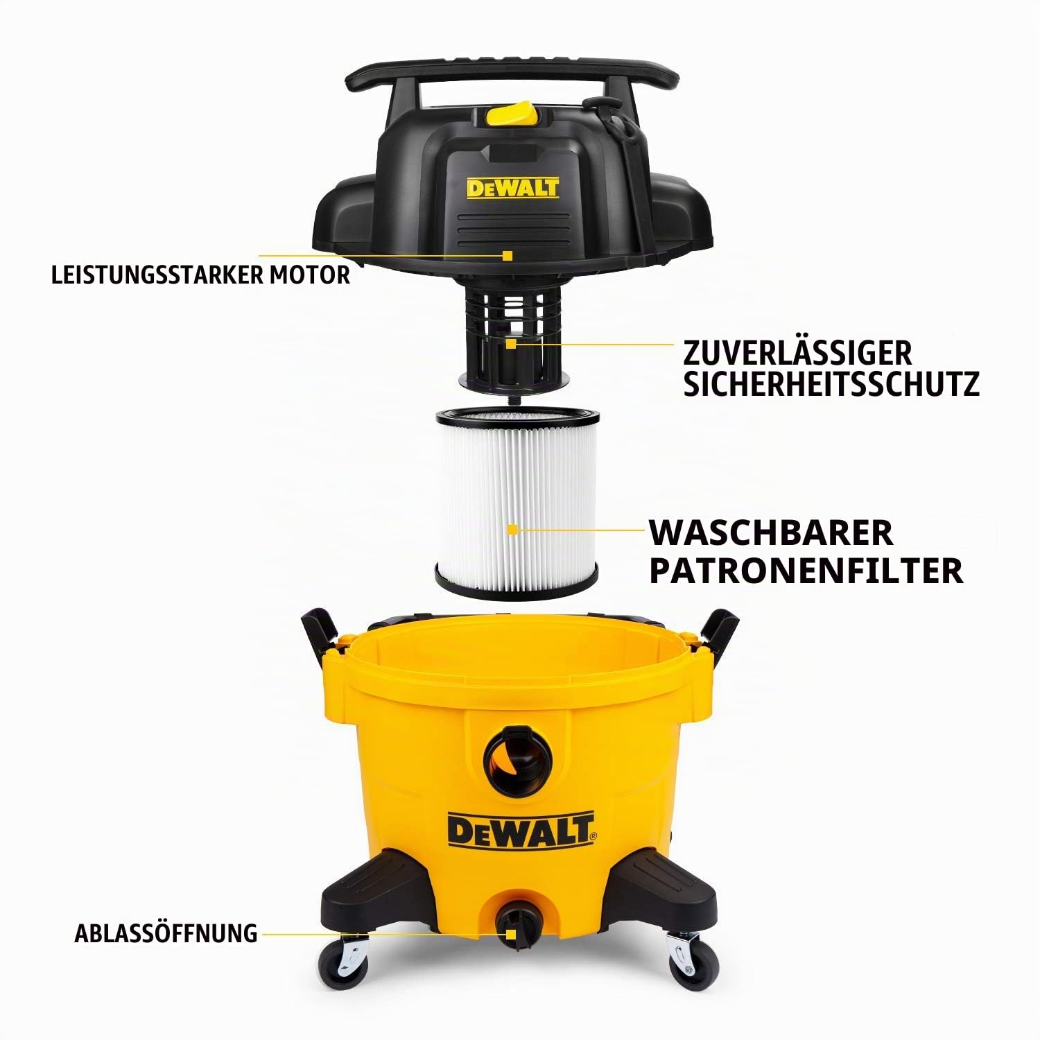 DeWALT 34L Nnass- & Trockensauger, EUDXV34P, Poly, Gelb, 1200 W, 34 liters Industriestaubsauger Mit Blasfunktion Mehrzwecksauger für im Innen- & Außenbereich