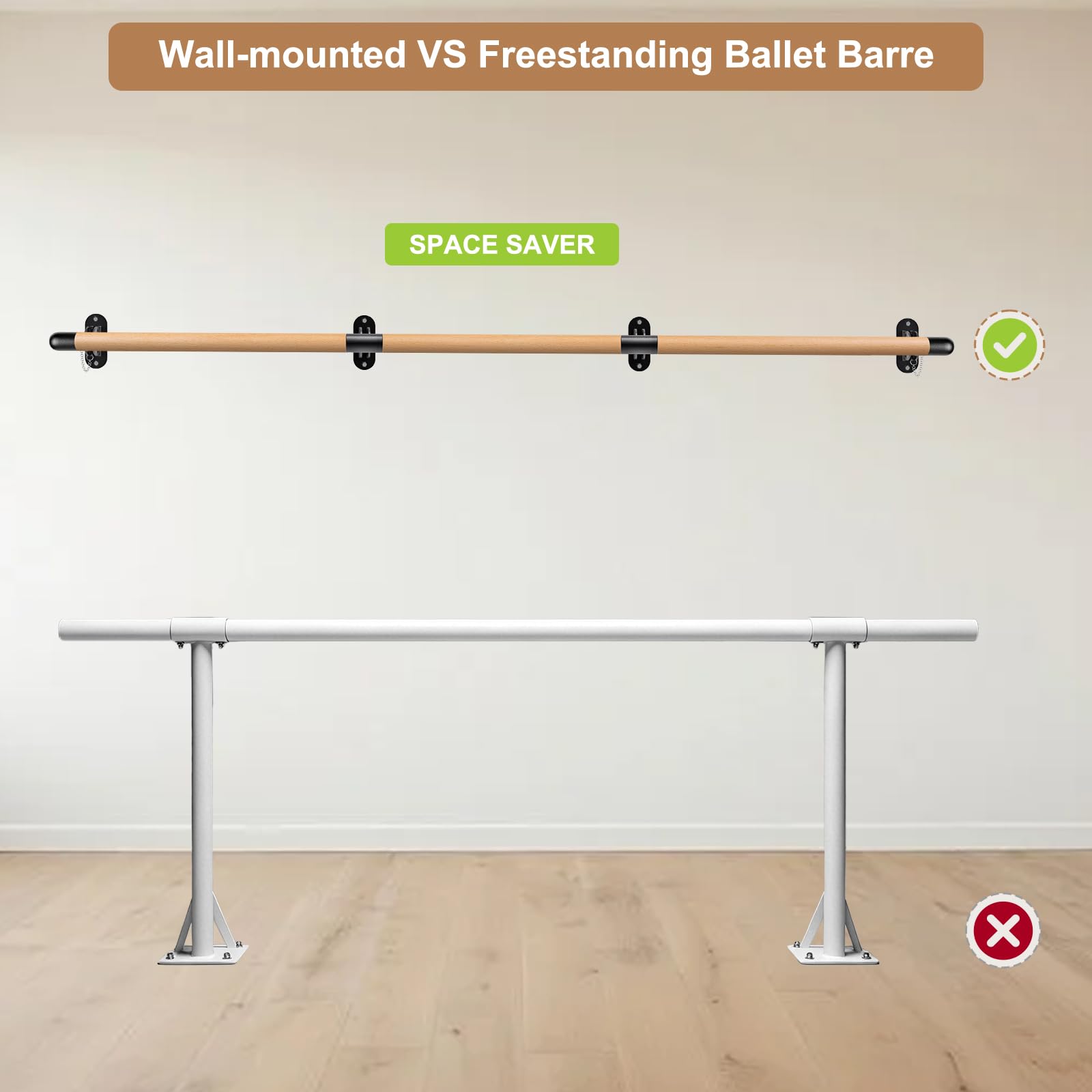 Dolibest Ballettstange Wandmontage, 90-250cm Ballett Stange Holz Kinder Verstellbar Stretching Tanzstange Klappar Erwachsene Zuhause Barre Gym Training Ausrüstung mit Halterung, 4cm Durchmesser