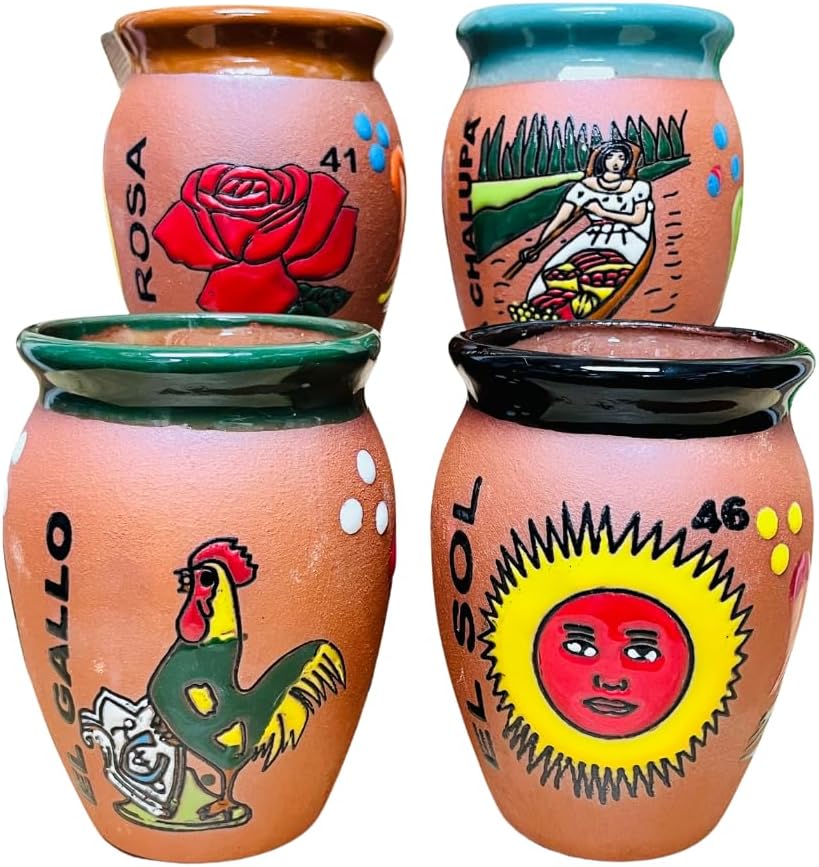 Set of 4 Loteria Cantarito Cups - Loteria Clay Cantarito - Guelaguetza Designs