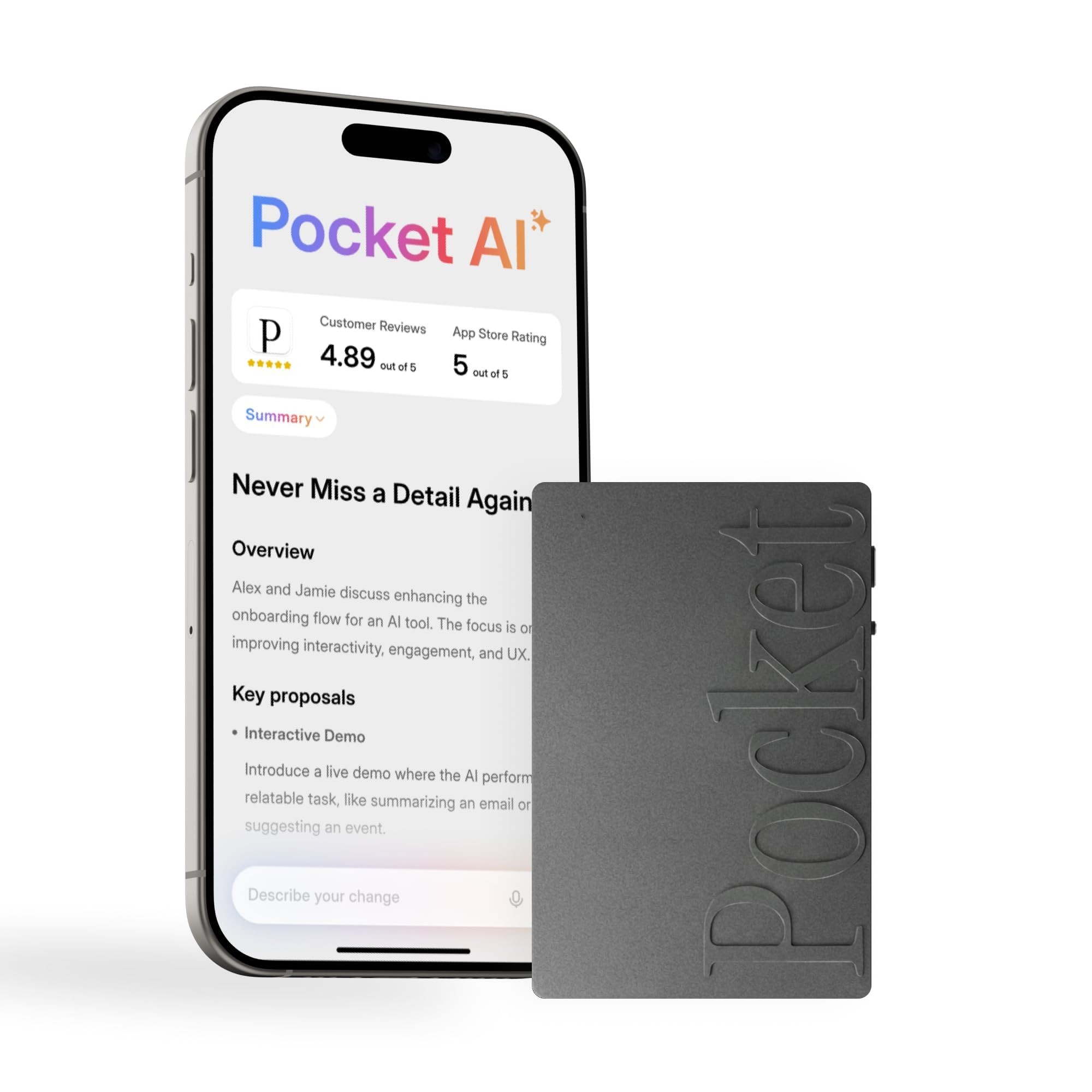 Photo 1 of Pocket AI Voice Recorder & Smart Assistant – Auto Transcription, Summaries & Action Items – AI Note Taker for Meetings, Calls & Productivity - Space Grey
