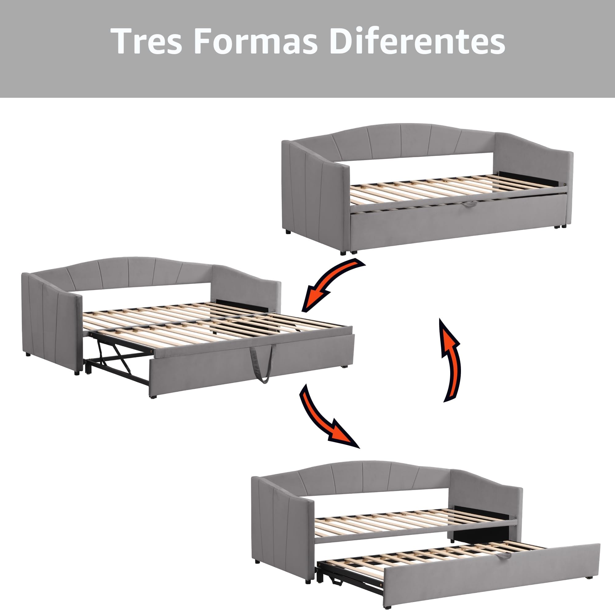 Idemon Sofá cama 90 → 180 × 200 cm con somier (terciopelo gris, sin colchón), cama extensible multifunción, como cama de día, cama de invitados y cuna