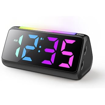 Digital Alarm Clock Children with Light Colourful LED Display 0-100% Brightness Dimmer 2 Alarms Snooze 3 Volumes USB Charging Port Childrens Alarm Clock for Bedroom Mains Powered