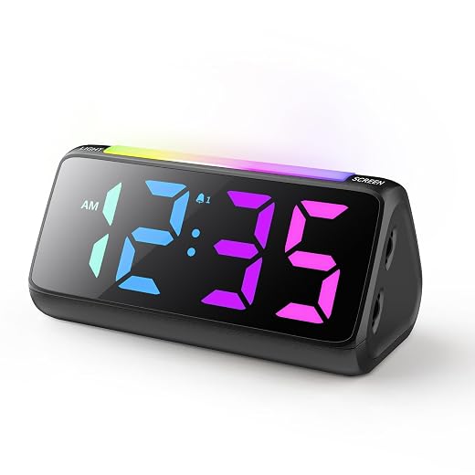 Netzu Digital Alarm Clock for Bedrooms, Super Loud Alarm Clock, Heavy Sleeper Alarm Clock, RGB Night Light, Rainbow Time, Dual Alarm, Snooze, Plug-in (Black)