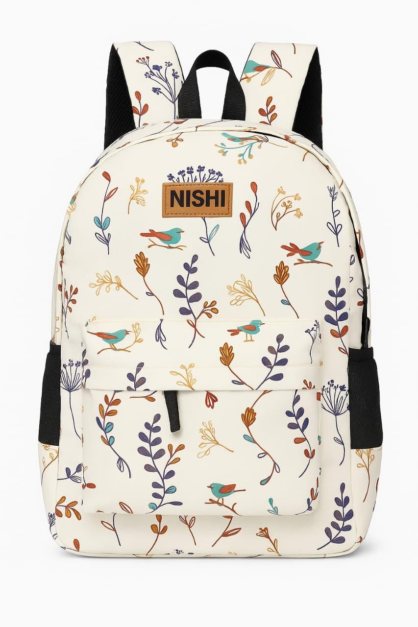 Floral Bird Print Backpack, White Canvas with Black Straps, Casual Daypack-image-26