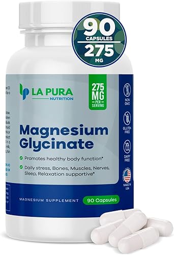 LaPura Suplemento de glicinato de magnesio de 275 mg, 90 cápsulas, alivio diario del estrés, promueve el sueño y la relajación, apoya huesos,