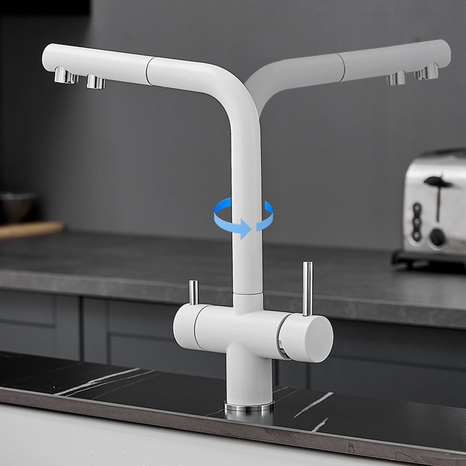 Miscelatore Cucina 3 Vie Estraibile Bianco Rubinetto Lavello Cucina 3 Vie per Depuratore Ottone-Bianco