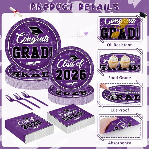 Image of Graduation Party Supplies Set for 50 Guests, Purple Graduation Plates and Napkins 2026, 200Pcs Disposable Grad Plates, Napkins, Dessert Plates and Forks for 2026 Wedding, Birthday, School Ceremony
