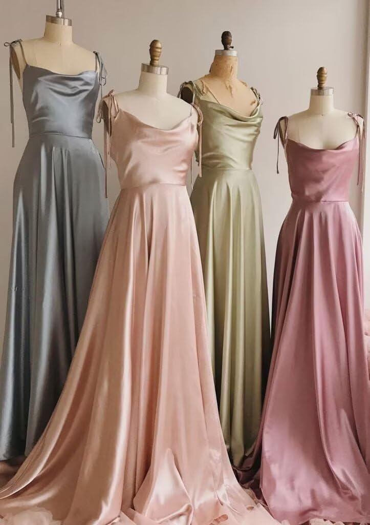 FOOHJMH Long Bridesmaid Dress for Wedding Satin Prom Dresses Lace Up Evening Party Gowns