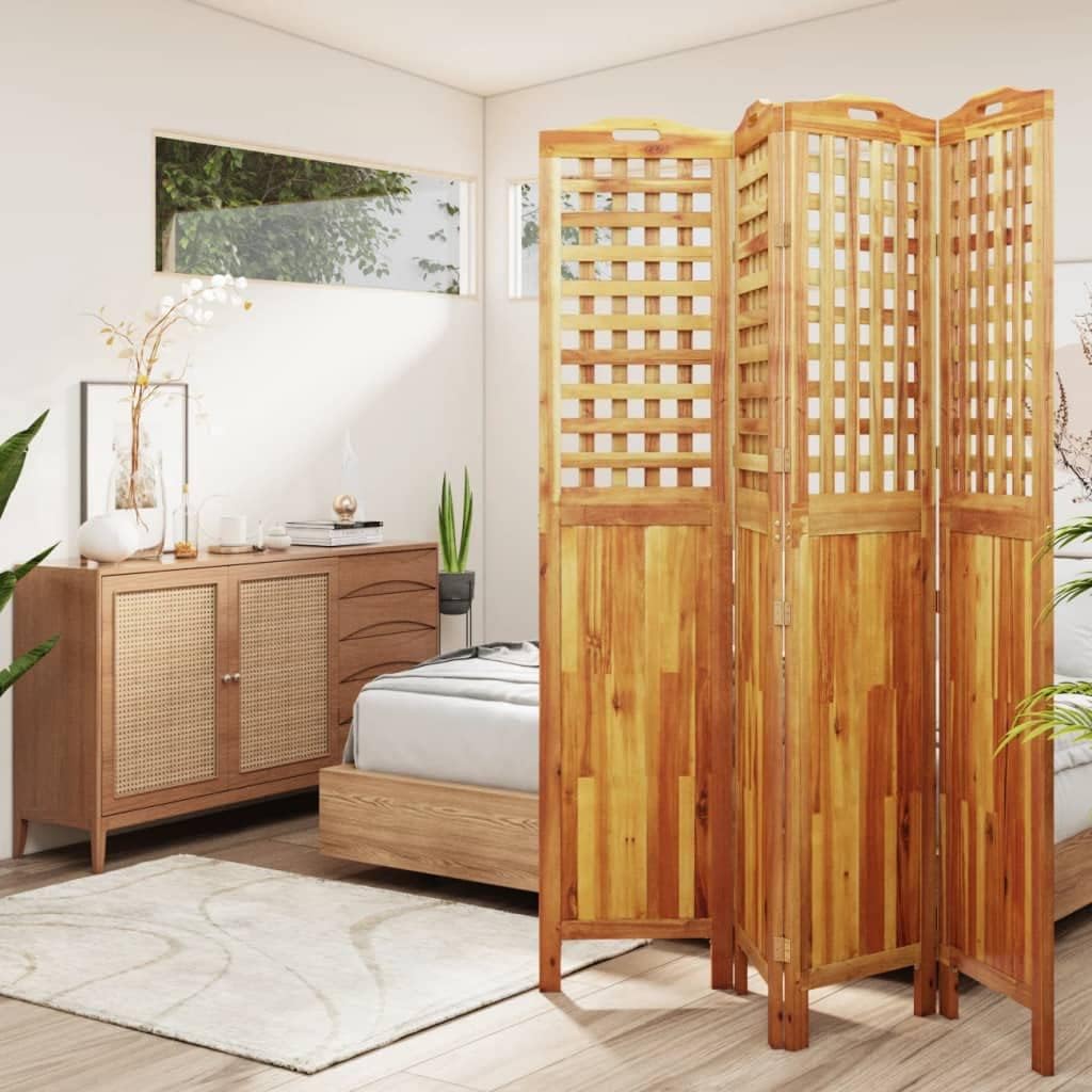 vidaXL 4 Panel Room Divider, Room Divider Privacy Screen Folding 4 Panel, Folding Divider Screen for Home Office, Farmhouse Style, Solid Wood Acacia