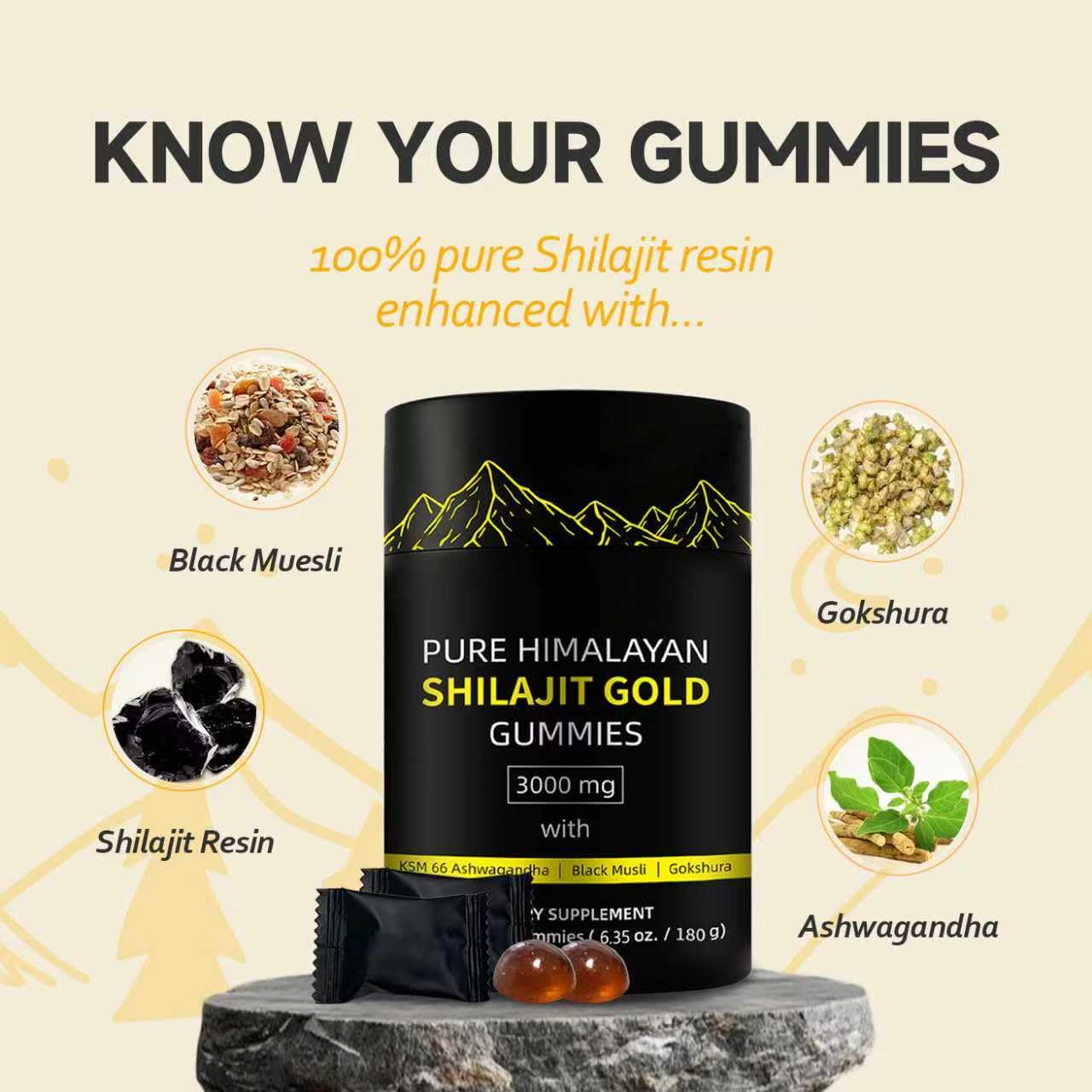 Shilajit Gold Gummies für den Menschen, Gold Seal Pure Shilajit angereichert mit Acid Fulvic, essentiellen Mineralien und 85+ Spurenelementen zur Steigerung der Energie und Immunität (gummies)
