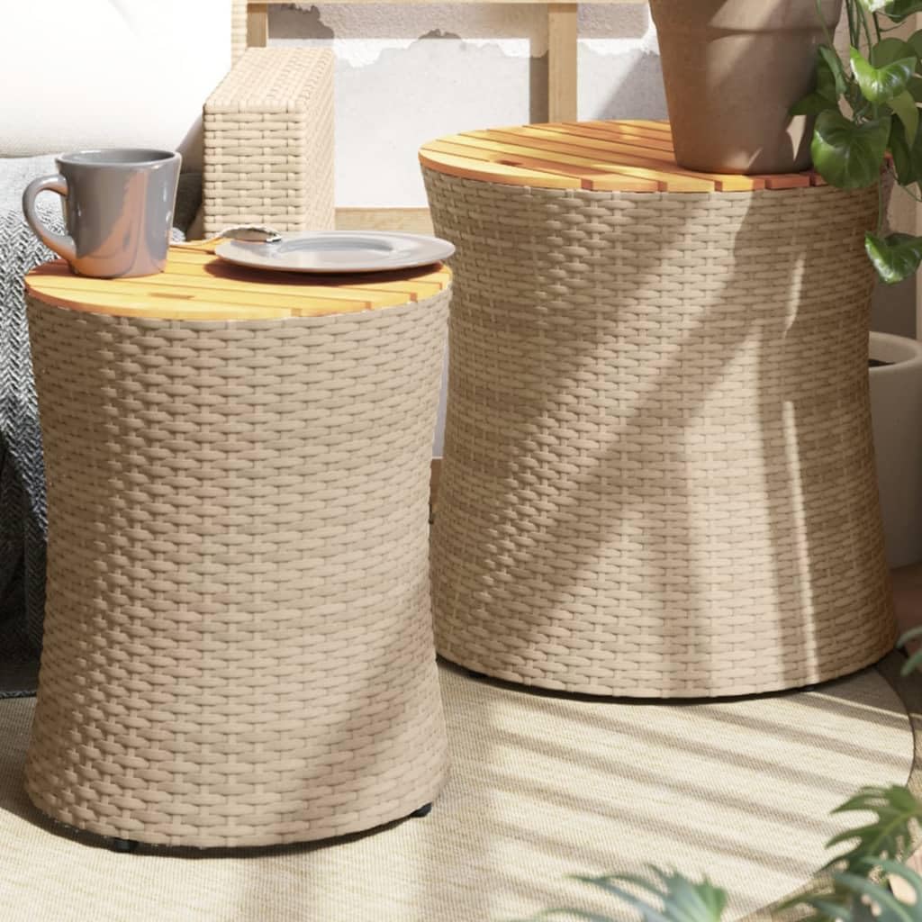 SXZenSpace Garden Side Tables 2 pcs Set Ø50 cm Beige PE Rattan & Acacia Wood Nesting Patio Coffee Table Compact Outdoor Bistro Furniture for Balcony, Terrace and Backyard