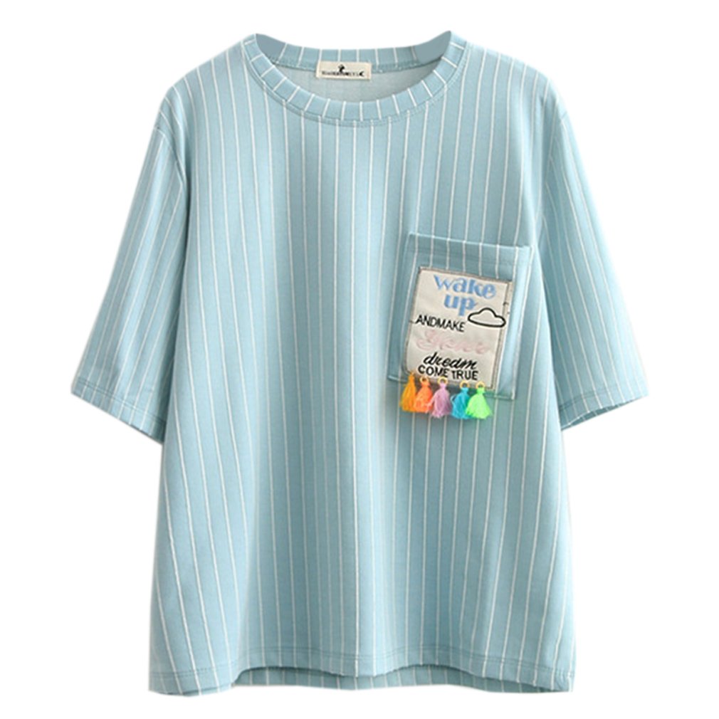 Women's Summer Kawaii Big Pocket Pastel Clouds Embroidery Short Sleeve Tees,Blue