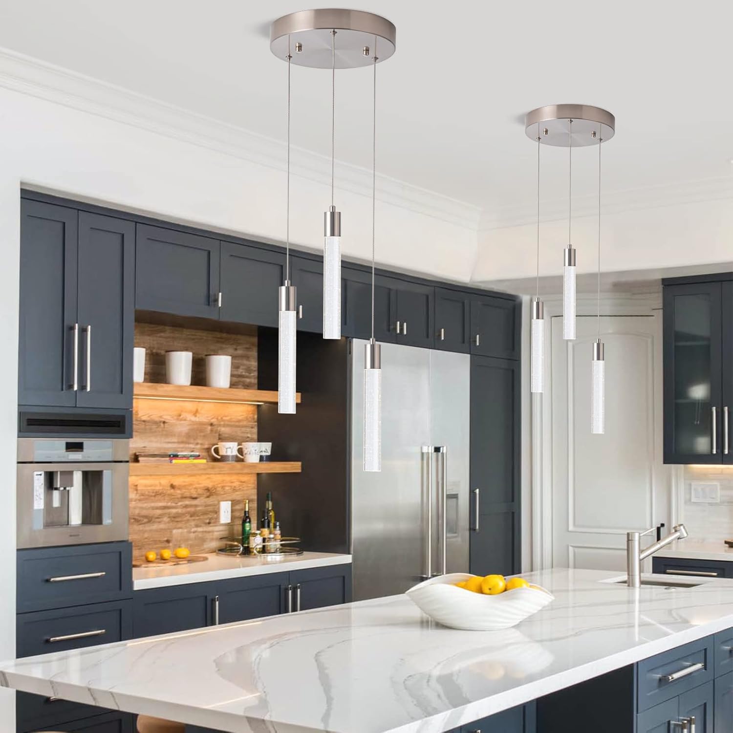 Modern Pendant 3 Light with Adjustable Height - Brushed Nickel & Clear Glass Cylinder Island Lights, 3000-6000K Dimmable Kitchen Pendant Lighting for Kitchen Island, Dining Room, Bar Counter