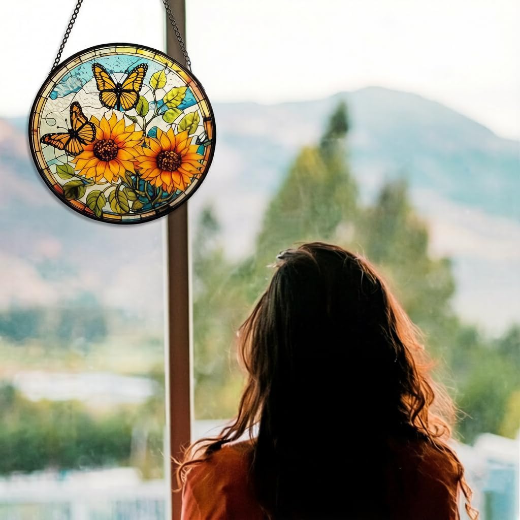 HOTIYOK Sunflower and Butterfly Stained Glass Window Hanging, Round Stain Glass for Kitchen Indoor Decorations Gifts for Women Grandma Teacher Nature Lovers