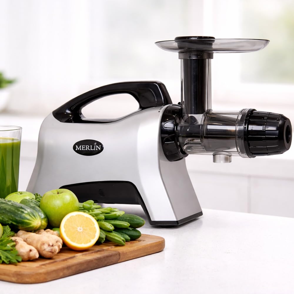 Extractor de jugo Merlin MNC700S - Modelo Premium a presión en frío 200 W- Extracción lenta 80 rpm - Alto rendimiento - Frutas, Verduras, Hierbas y Jugos Verdes - Libre BPA - Gris Silver