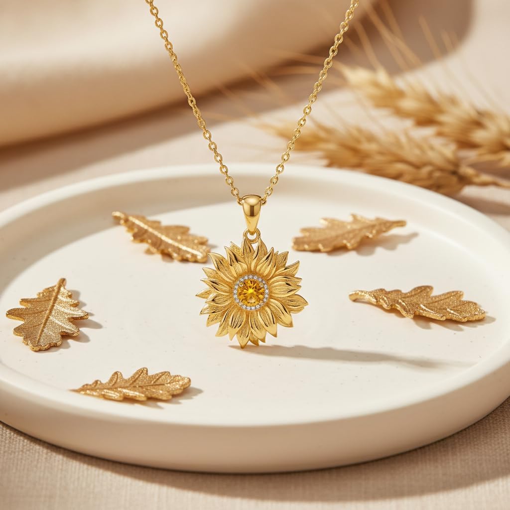 Sunflower Necklace for Women 925 Sterling Silver Natural Citrine 18K Gold Plated Sunflower Pendant Necklaces Jewelry Gifts for Mom Wife - Image 3