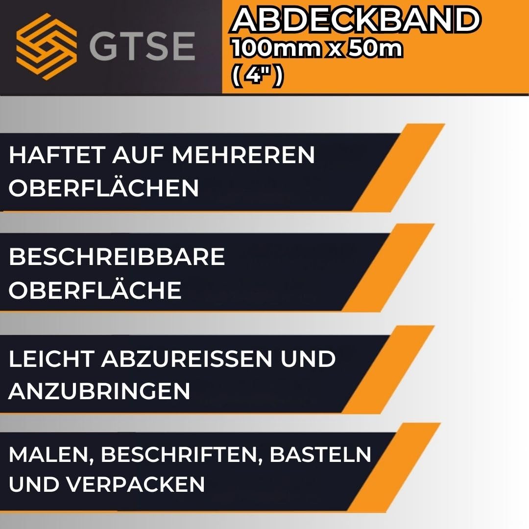 GTSE Breites Malerkrepp 100 mm x 50 m 12 Rollen | Zum Oberflächenschutz beim Streichen, lösemittelfreier Kleber