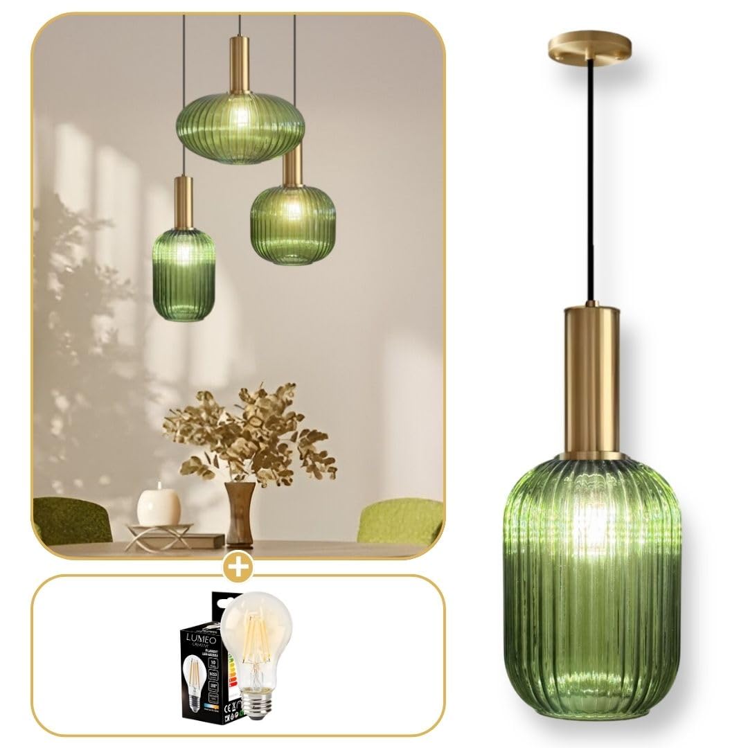 Lámpara colgante de cristal ahumado Cristali | Lámpara vintage para comedor, isla de cocina, entrada | lámpara de salón dorado | Lámpara colgante vintage (verde imperial, A - mango