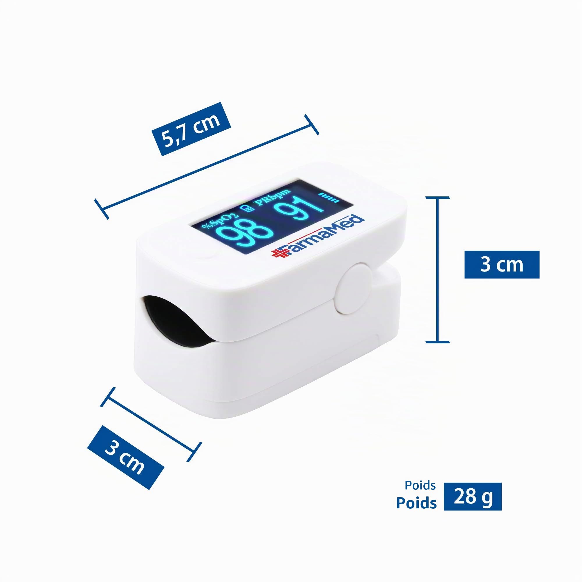 FARMAMED 3 in 1 Oxymètre de Pouls, Saturomètre, Oxymètre de Doigt, Saturation Artérielle Oxygène (SpO2), Fréquence Cardiaque (PR) et Indice perfusion (PI), Écran OLED XXL, Étui rigide, Blanc