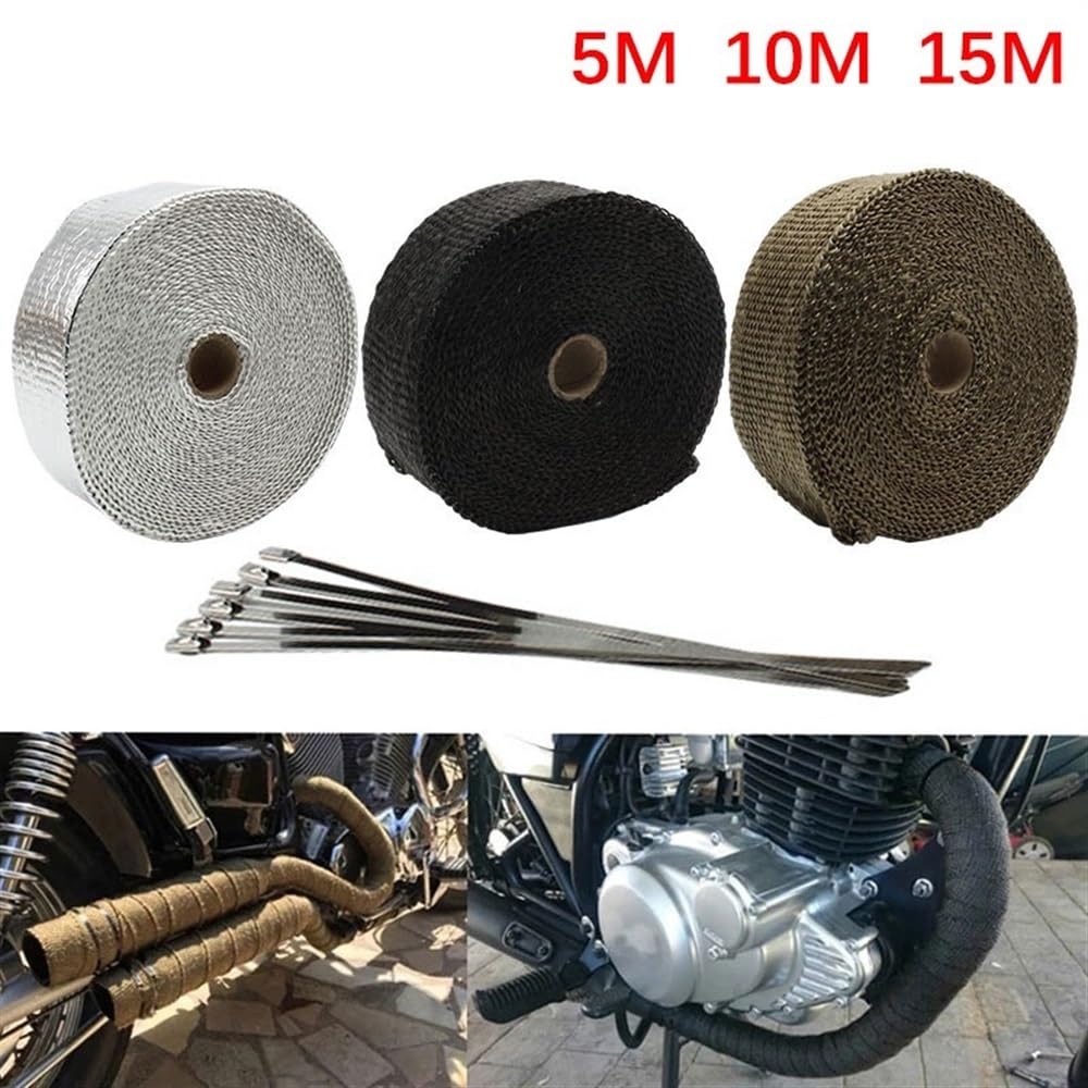Benda Termica Per Scarico Marmitta 1 Pcs Moto Di Scarico Nastro Termico Exhuast Wrap 5 cm * M 10 15 Collettore di Calore Intestazione Isolamento Rotolo Resistente Con Lacci In Acciaio(5cm 15m Black)