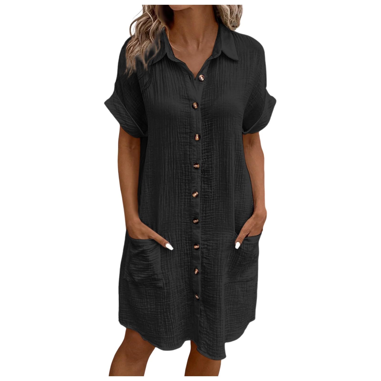 Generic Vestido de Lino de Algodón de Verano para Mujer Vestido de Manga Corta de Vestido Casual Boho Loose Elegant Vestidos Conocidas Mujer con Botones