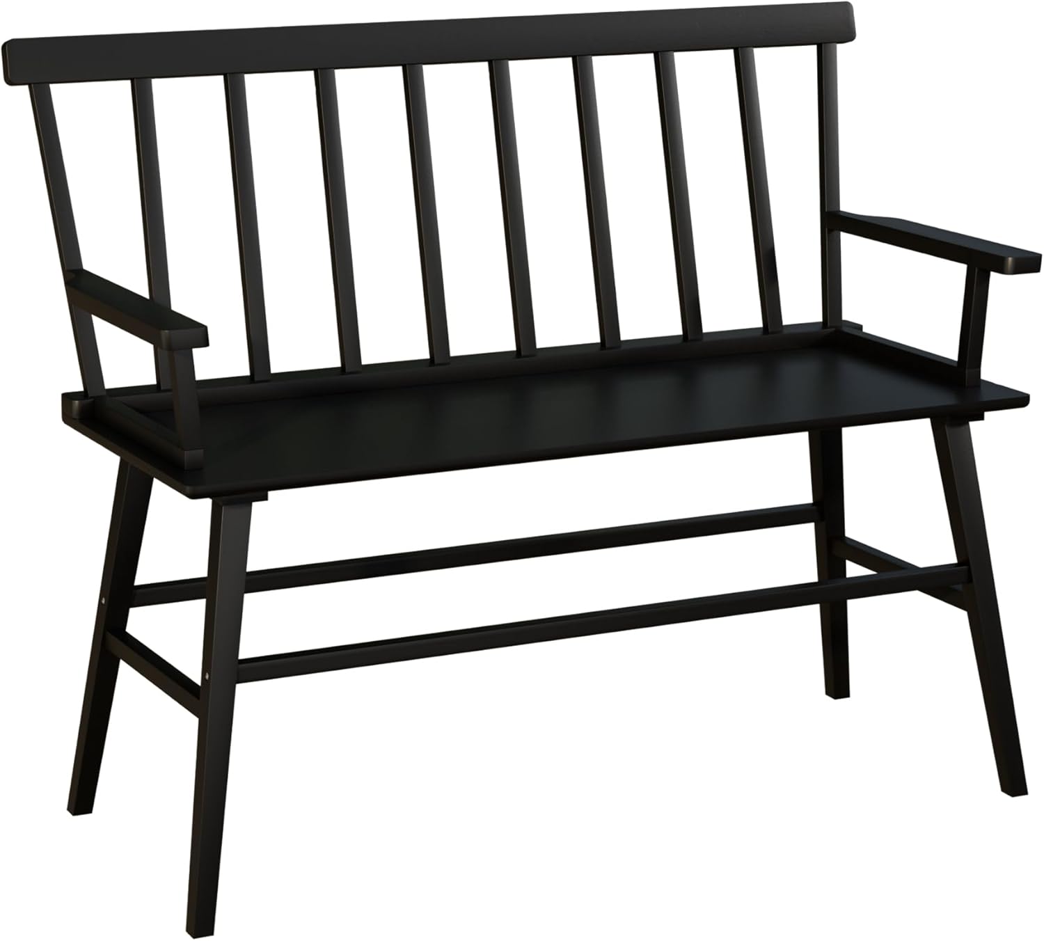 Bamboo Dining Bench, Black Entryway Bench with Spindle Back Farmhouse Wood Windsor for Foyer Balcony Living Room (Nature) (Black with Arm)