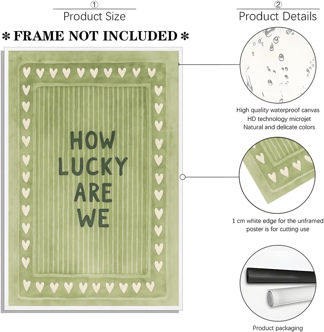 How Lucky Are We Wall Art Print Green Inspirational Quote Canvas Poster Retro Striped Positive Motivational Affirmation Aesthetic Room Decor for Bedroom Living Room Office 8x12inch Unframed - Image 2