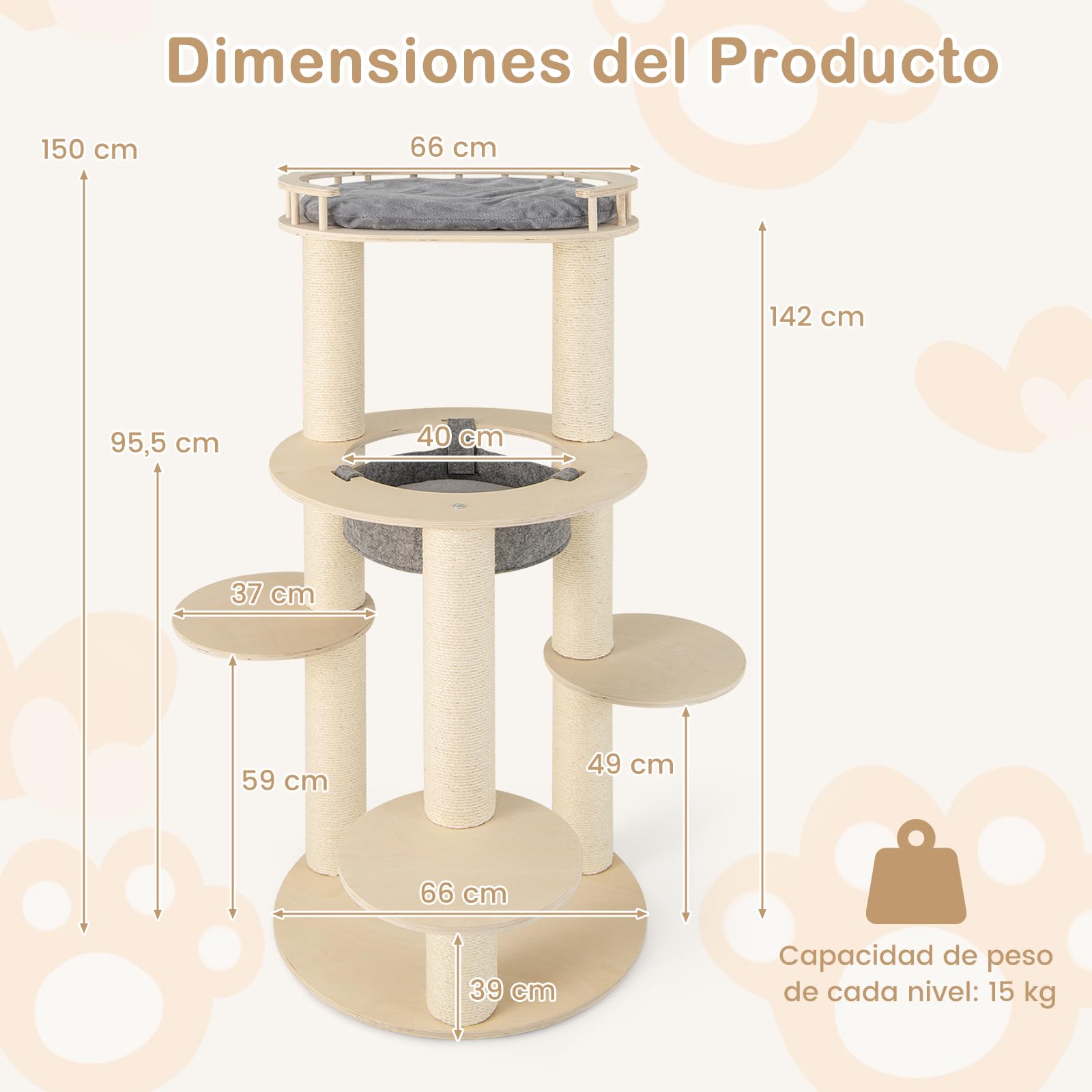 GOPLUS Árbol para Gatos de Varios Niveles de 150 cm, Torre de Madera para Gatos con Percha Superior Acolchada, Hamaca, 3 Plataformas y Postes rascadores de sisal, 66 x 66 x 150 cm