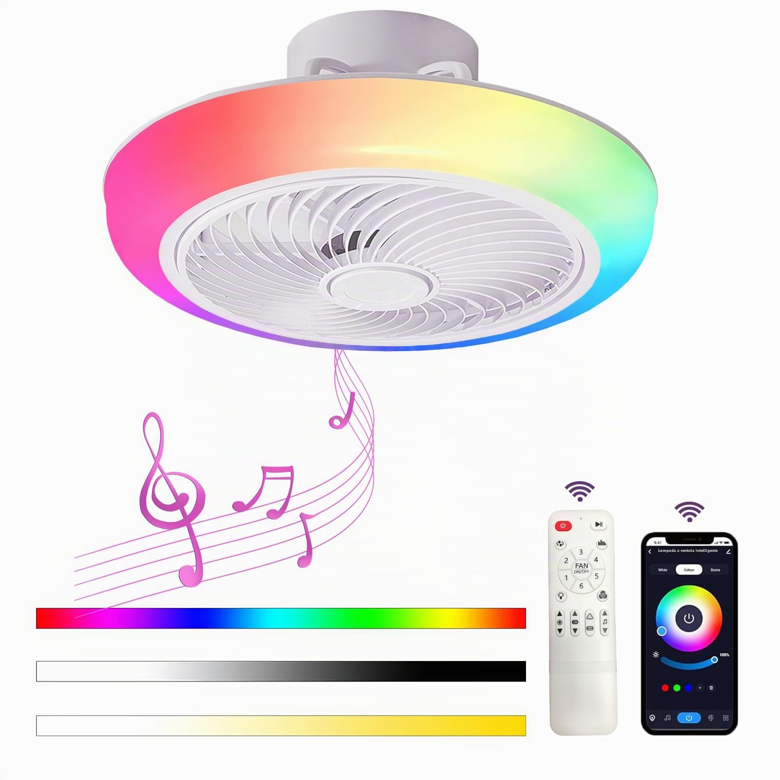 Ventilatore da Soffitto con Lampada RGB Plafoniera LED Dimmerabile Telecomando App 6 Velocità Bianco Ventilatori a Soffitto con Luce Camera da Letto Bluetooth Altoparlante Musica Plafoniere Fan
