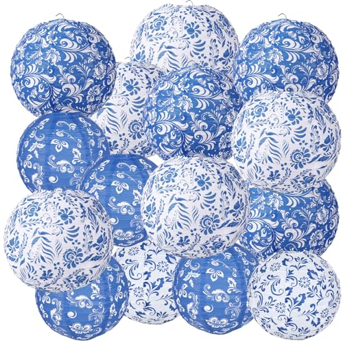 Lonfliness 15 Pcs Chinoiserie Paper Lanterns 10In 8In Blue and White Porcelain Hanging Lantern Party Decorations Chinese Round Lantern Ceiling Home Decor for Birthday Baby Bridal Shower Wedding Decor