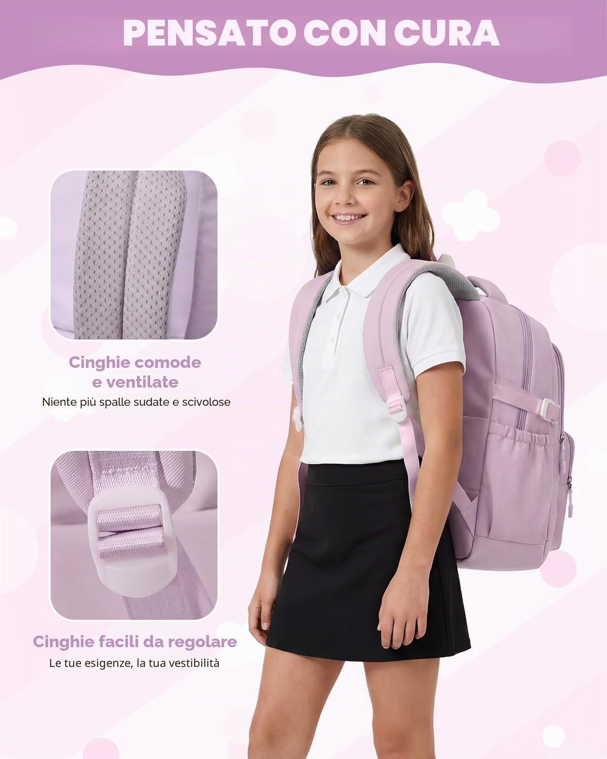 Amythe Zaino Ragazza per Scuola Elementare e Media - Set Zaino Scuola 3 Pezzi per Bambina con Borza Pranzo e Astuccio - Zaini da viaggio Leggero per Bambini 9-16 Anni -Viola