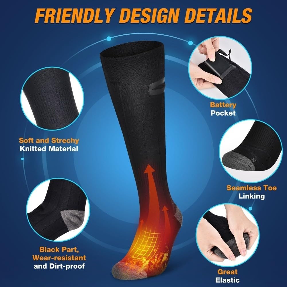 Chaussettes chauffantes rechargeables USB Chaussettes chauffantes électriques Trois réglages de température 5000 mAh pour batterie Polaire Noir Taille L ou M