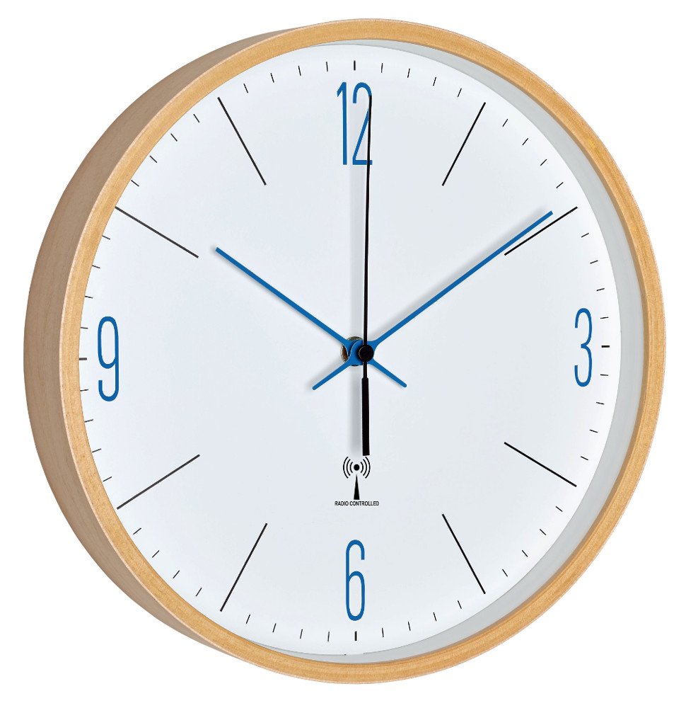 TFA Dostmann Analoge Wanduhr Funkuhr mit Holz Rahmen, 60.3524, aus Ahorn, 25,5cm groß, mit blauen Ziffern und Zeigern, gut ablesbar, Holzuhr, für Küche oder Wohnzimmer, blau