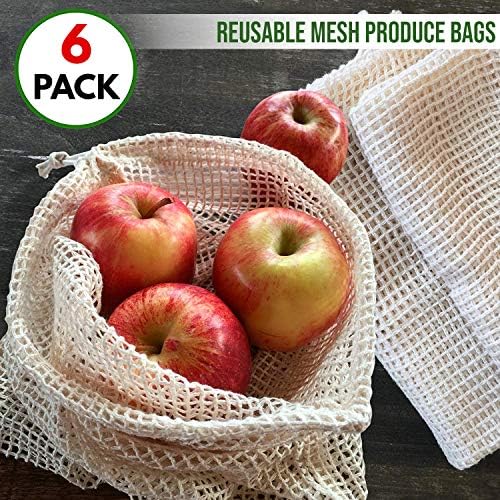 MATANA - 6 Reusable Mesh Produce Bags for Vegetables and Fruit, Eco-friendly Grocery Shopping Bag in 3 Sizes, Small Medium Large - Reduce Plastic Use, Washable