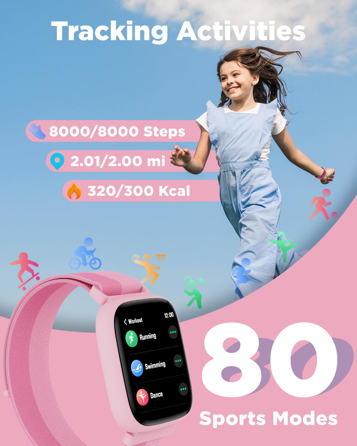 BIGGERFIVE Fitness Tracker Zegarek dla nastolatek w wieku 5 do 16 lat, 1,8" Smartwatch z licznikiem kroków, częstotliwością uderzeń serca, odporność na wodę IP68, monitorem snu, grami logicznymi z/bez