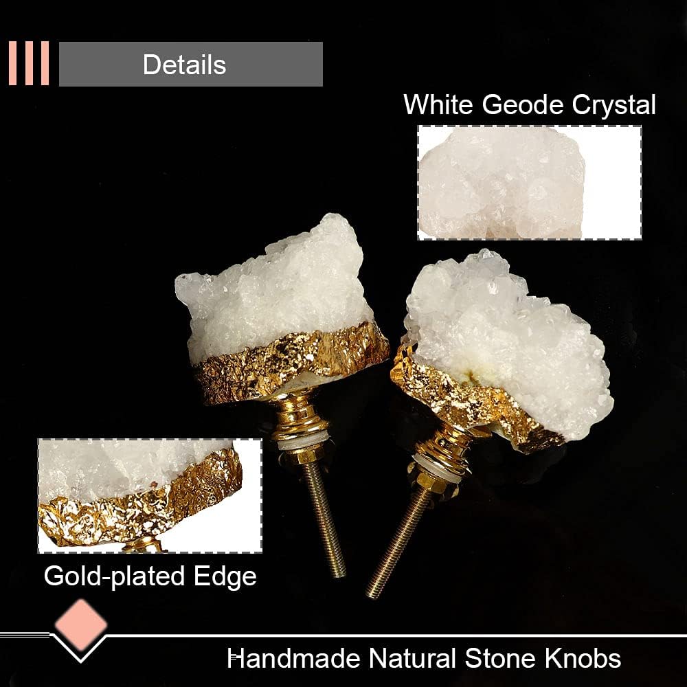 2 Pack Gold-Plated Crystal Stone Cabinet Knobs Irregular Shape Natural Gemstone Door Handles White Quartz Geode Drawer Pulls