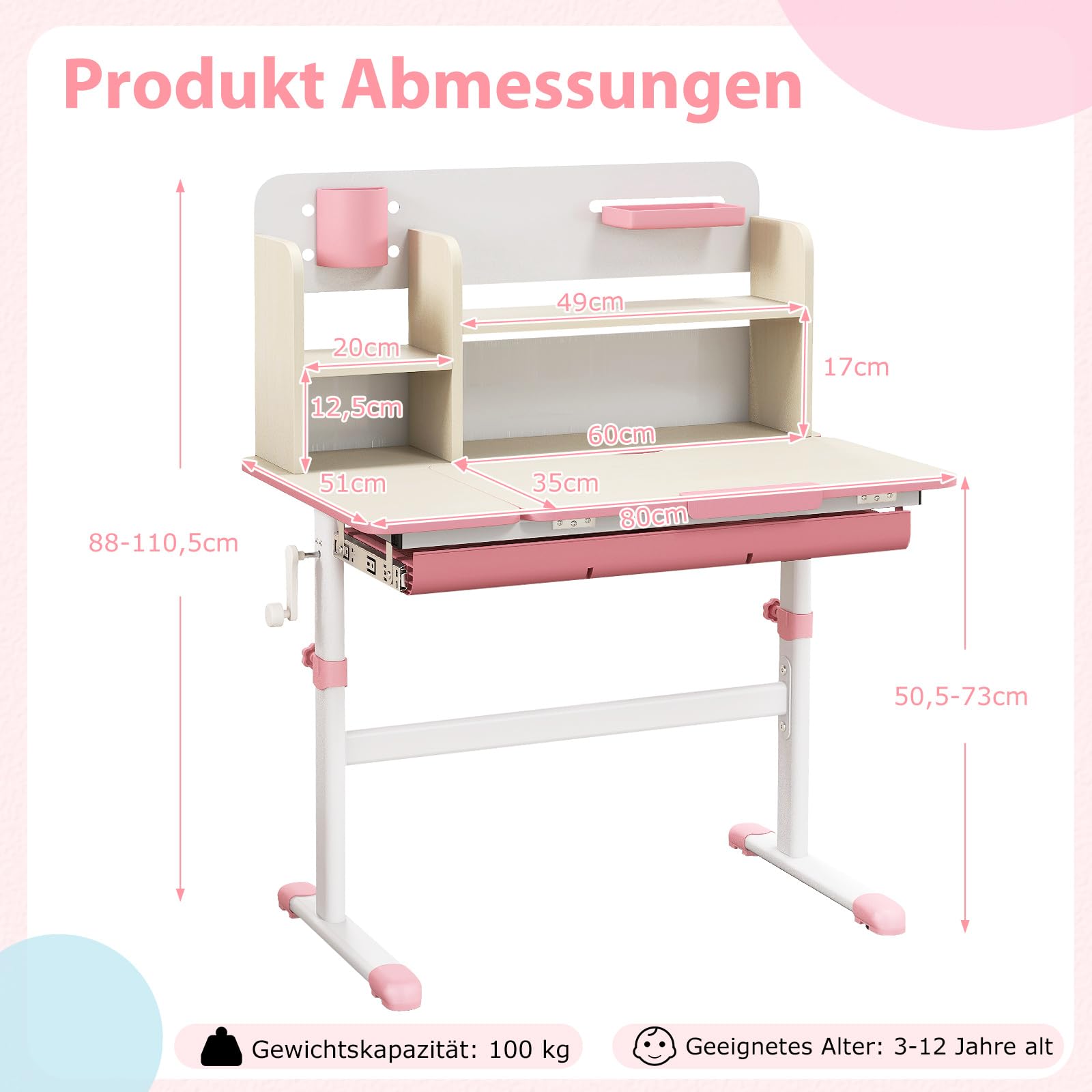 COSTWAY Kinderschreibtisch höhenverstellbar mit neigbarer Tischplatte, Regalen & Schublade, für 3-12 Jahre (Rosa)