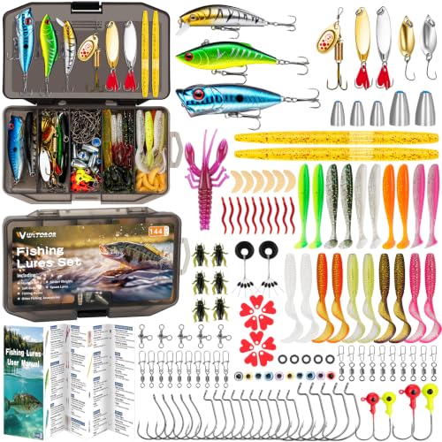 WITOROR Fishing Lures, 144Pcs Tackle Box with Tackle Included, Crankbaits, Soft Plastic Baits...