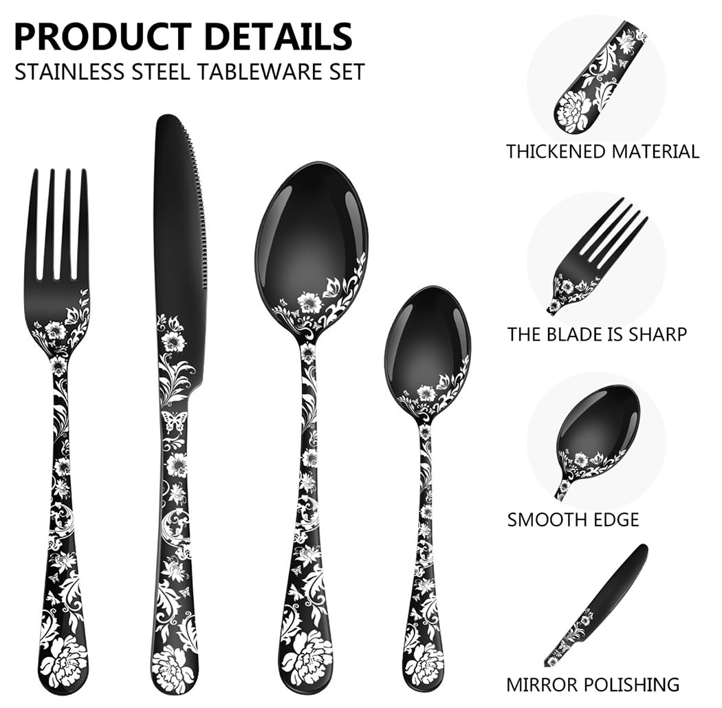 XIAOYU Juego de Cubiertos de 24 Piezas, Juego de Cubiertos de Acero Inoxidable para 6, diseño de patrón de Flores de peonía, Jucubiertos que incluye cuchillos/tenedores/cucharas, Negro
