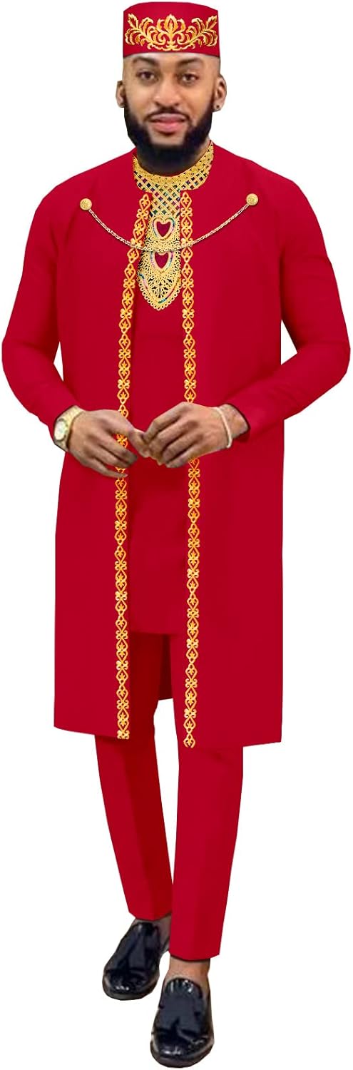African Clothes for Men Embroidery Blazer Shirts Pants Hats 4 Piece Set Chain Dashiki Outfits for Wedding Evening