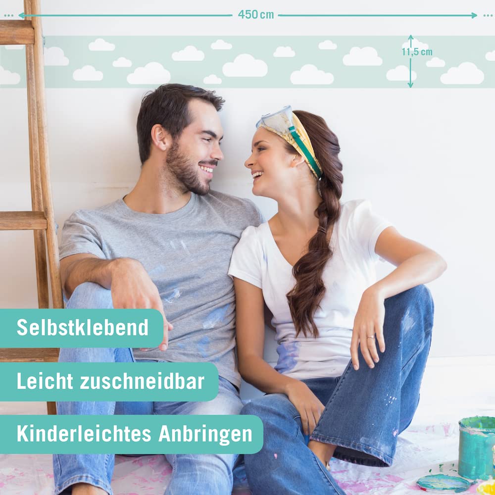 Frise murale autocollante 450 x 11,5 cm motif nuages menthe