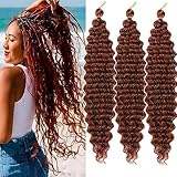 Paraglame Ginger Deep Wave Braiding Hair 18 Inch Ocean Wave Crochet Hair 350 Color 3 Packs Curly Braiding Hair for Goddess Braids Copper Synthetic Wavy Braiding Hair for Women(3Packs, 350#)